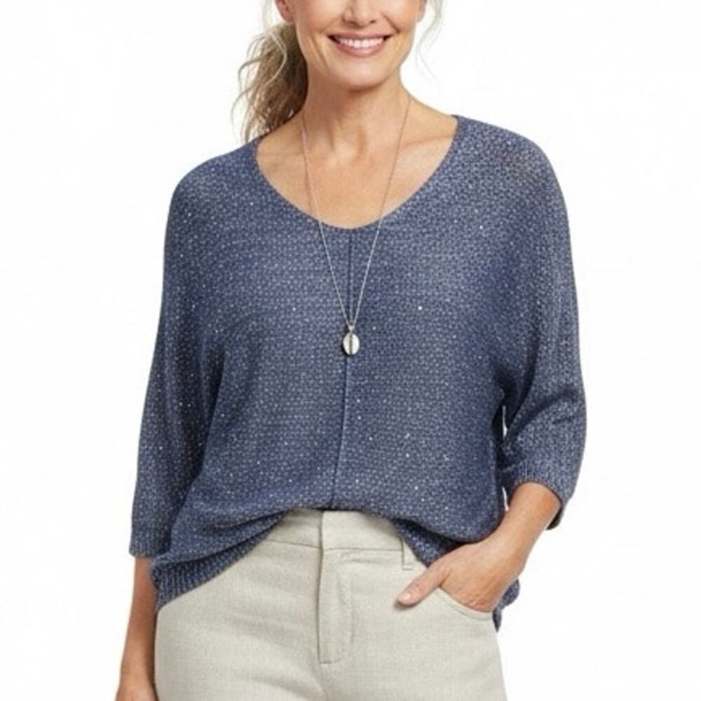 H Halston Sequin Open Knit Sweater Womens M Blue Glam Shiny Coastal Grandmother